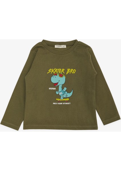 Girls & Boys Erkek Çocuk Uzun Kollu Tişört Kaykaycı Gözlüklü Dinozor Baskılı 1-4 Yaş, Haki Yeşil