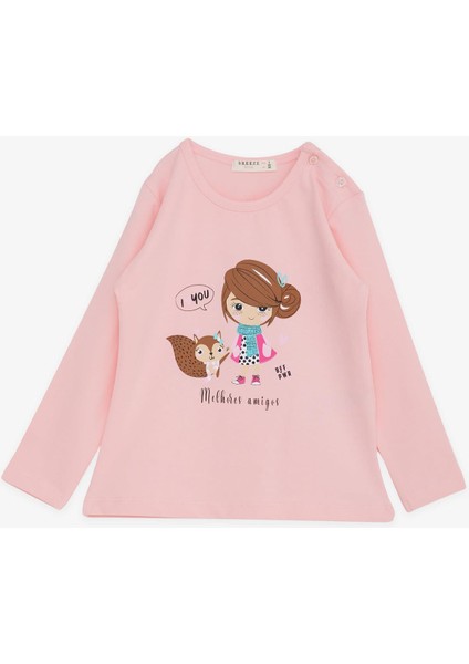 Kız Çocuk Uzun Kollu Tişört Dostluk Temalı Kız Baskılı 1-4 Yaş, Pembe
