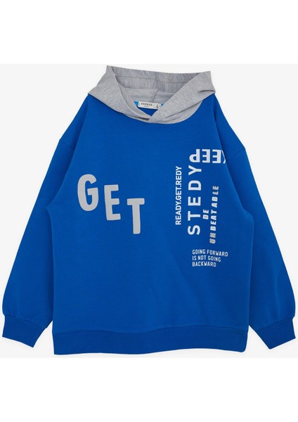 Girls & Boys Erkek Çocuk Sweatshirt Kapüşonlu Yazı Baskılı 8-14 Yaş, Saks Mavisi