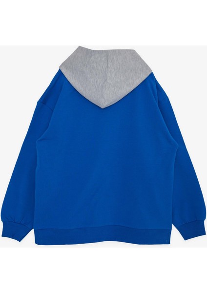 Girls & Boys Erkek Çocuk Sweatshirt Kapüşonlu Yazı Baskılı 8-14 Yaş, Saks Mavisi