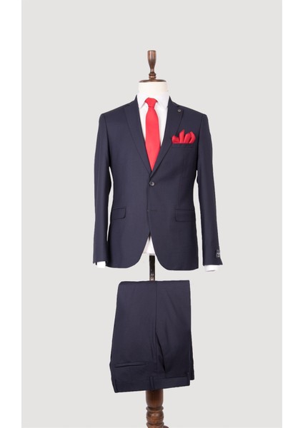 Erkek Slim Fit Mono Yaka Lacivert Çımalı Takım Elbise
