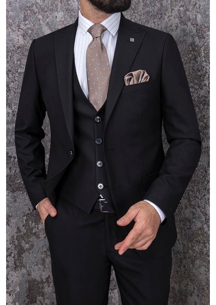 Erkek Slim Fit Sivri Yaka Siyah Yelekli Takım Elbise