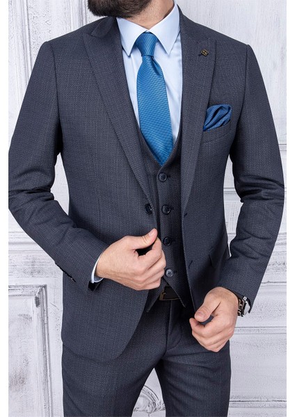 Erkek Slim Fit Sivri Yaka Koyu Lacivert Yelekli Takım Elbise fiyatları