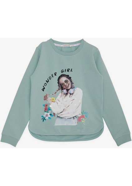Kız Çocuk Sweatshirt Harika Kız Yazı Baskılı Çiçekli 9-14 Yaş, Su Yeşili