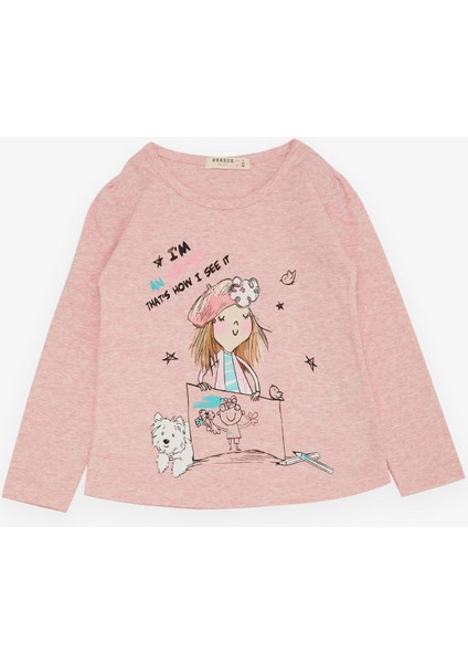 Kız Çocuk Uzun Kollu Tişört Kendini Sanatçı Hisseden Kız Baskılı 3-8 Yaş, Somon Melanj fırsatları