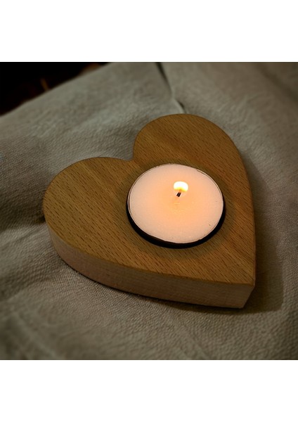 Ahşap Tealight Kalpli Mumluk - Kayın M002