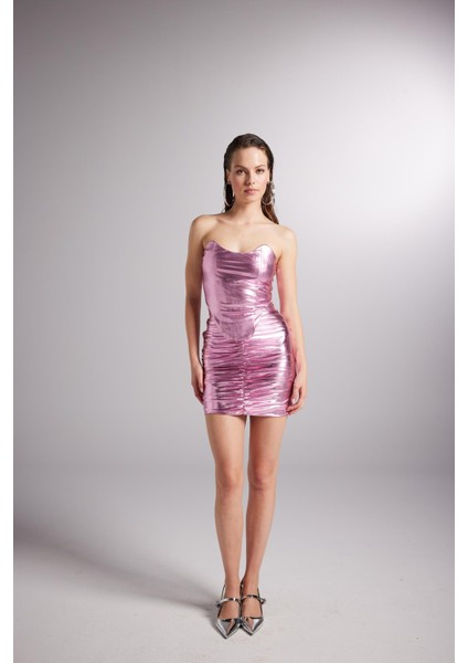 Büzgü Detaylı Parlak Kumaş Jammy Etek Mavi