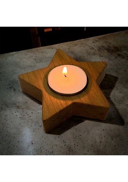 Ahşap Tealight Yıldız Mumluk - Kayın M003