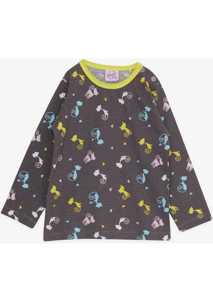 Kız Çocuk Pijama Takımı Renkli Kedicikler Desenli 1-4 Yaş, Kahverengi