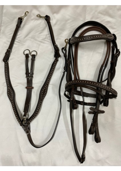 Atsar Equestrian Ithal Deri Western Taşlı Başlık ve Göğüslük Set (Kahve)