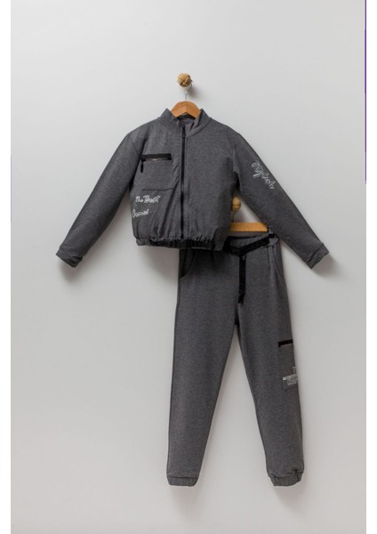 Kız Çocuk Fermuar Kapama Fermuar Cepli Lastikli Bel Cepli Taş Işleme Eşofman Takım