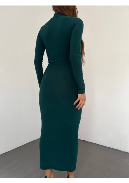 Esnek Sandy Kumaş Tül Dekolte Detaylı Dik Yaka Uzun Kollu Midi Boy Kalem Elbise fiyatları