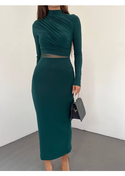 Esnek Sandy Kumaş Tül Dekolte Detaylı Dik Yaka Uzun Kollu Midi Boy Kalem Elbise fırsatları