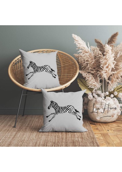 Zebra Desenli Gri Renk Çift Taraflı Dekoratif 2'li Kırlent Kılıfı Seti