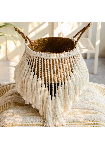 Resim Rengi 22X20 cm Deniz Çayırı Beyaz Sepet Dekorasyon Için Çamaşır Sepeti Dokuma Sepet Hediye Sepeti El Yapımı Püskül Vazo (Yurt Dışından)