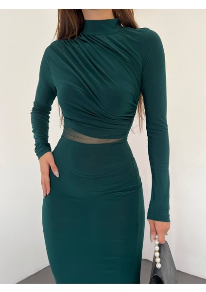 Esnek Sandy Kumaş Tül Dekolte Detaylı Dik Yaka Uzun Kollu Midi Boy Kalem Elbise modelleri