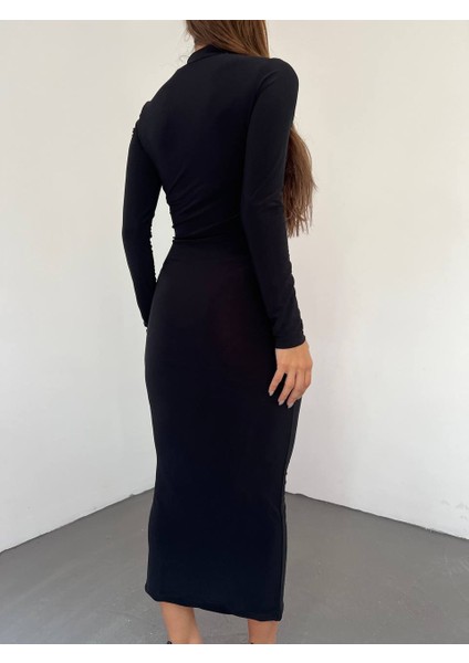 Esnek Sandy Kumaş Tül Dekolte Detaylı Dik Yaka Uzun Kollu Midi Boy Kalem Elbise