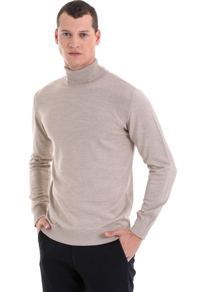 Bej Regular Fit Düz Balıkçı Yaka Yünlü Triko Kazak
