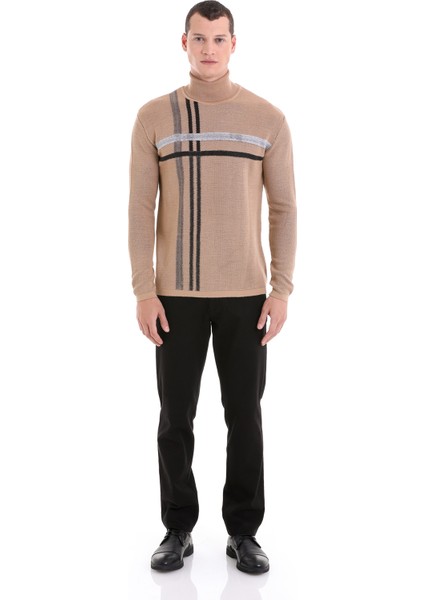 Bej Comfort Fit Desenli Balıkçı Yaka Yünlü Triko Kazak fiyatları