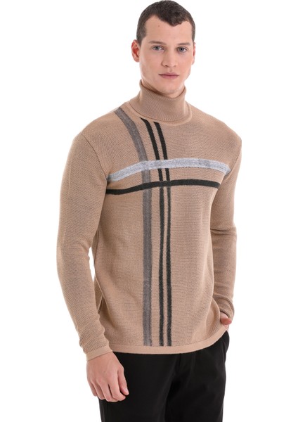 Bej Comfort Fit Desenli Balıkçı Yaka Yünlü Triko Kazak fırsatları