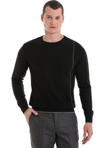 Siyah Regular Fit Jakarlı Bisiklet Yaka Yünlü Triko Kazak