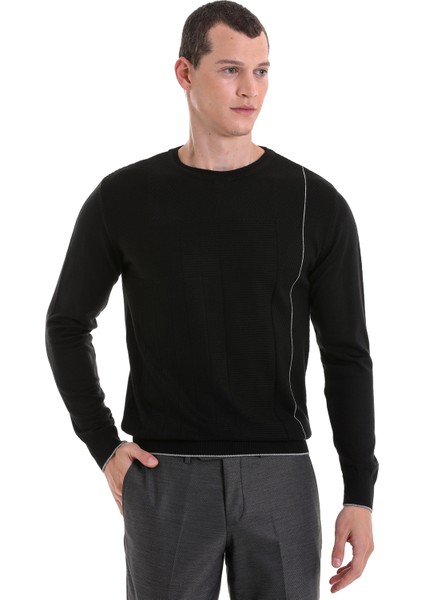 Siyah Regular Fit Jakarlı Bisiklet Yaka Yünlü Triko Kazak fiyatları