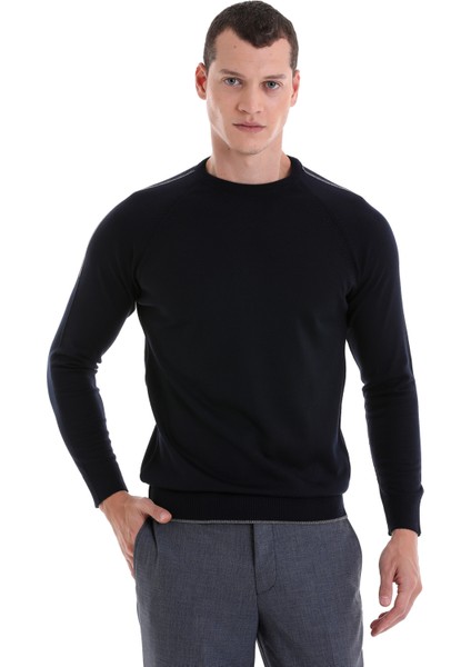 Lacivert Regular Fit Jakarlı Bisiklet Yaka Yünlü Triko Kazak