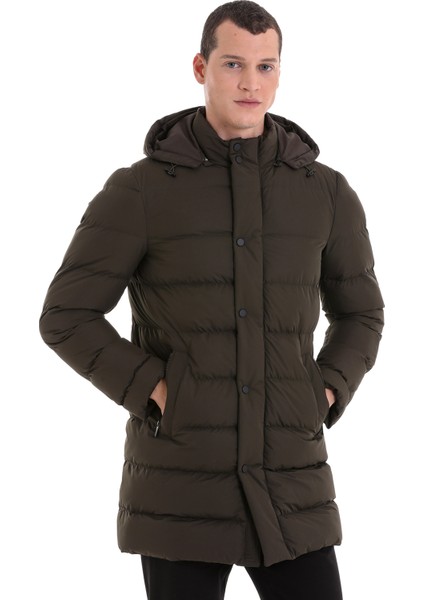 Haki Slim Fit Hakim Yaka Kapüşonlu Kaban
