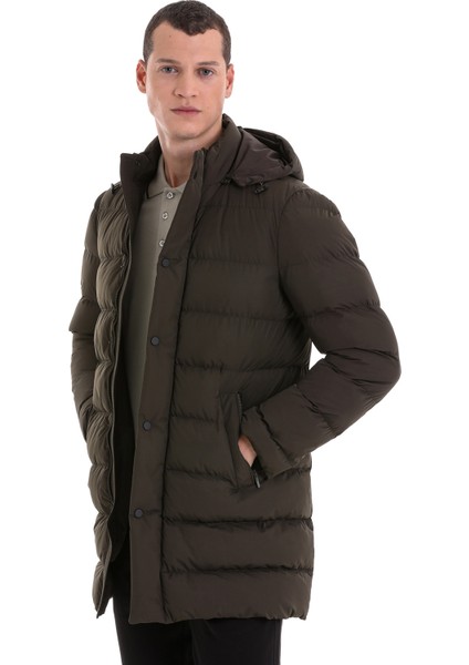 Haki Slim Fit Hakim Yaka Kapüşonlu Kaban