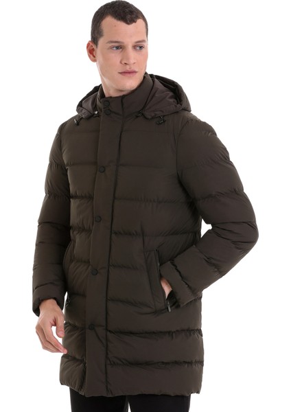 Haki Slim Fit Hakim Yaka Kapüşonlu Kaban