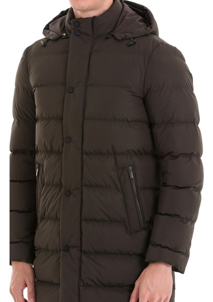 Haki Slim Fit Hakim Yaka Kapüşonlu Kaban