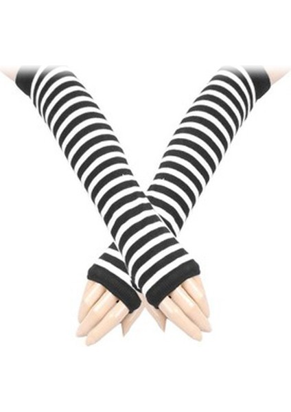 Çift Beyaz Siyah Çizgili Akrilik Parmaksız Kol Isıtıcıları Eldiven Kadınlar Için (Yurt Dışından) modelleri