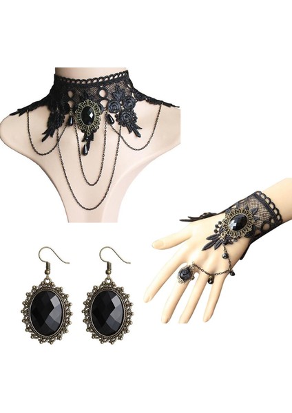 Boho Takı Setleri Kadınlar Vintage Gotik Küpe Setleri Cadılar Bayramı Kadınlar Takı Seti Dantel Gerdanlık Kolye Yüzük Bileklik Setleri (Yurt Dışından)