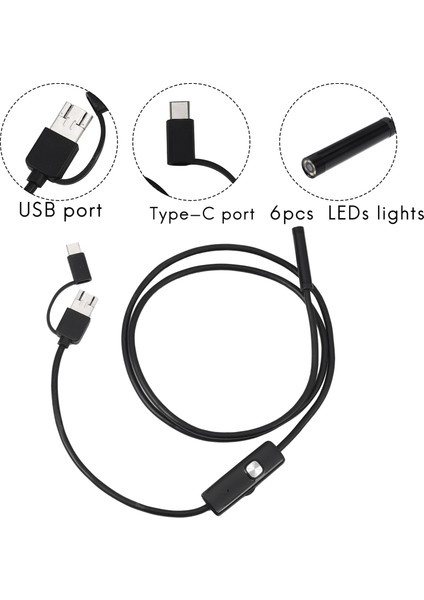 3'ü 1 Arada Endoskop Borescope Kamera Dahili 6 LED USB Tip-C(1m 7mm) (Yurt Dışından)