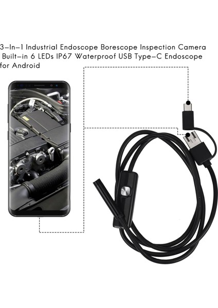 3'ü 1 Arada Endoskop Borescope Kamera Dahili 6 LED USB Tip-C(1m 7mm) (Yurt Dışından)
