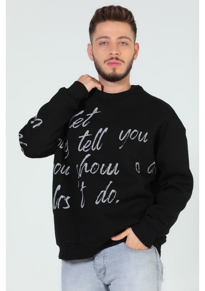 Siyah Erkek Bisiklet Yaka Baskılı Üç Iplik Şardonlu Sweatshirt P-00005274