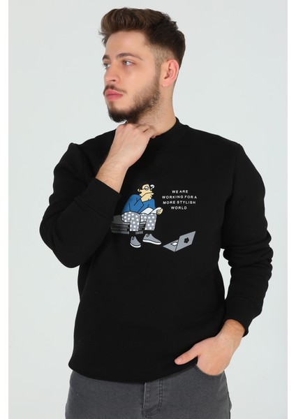 Siyah Erkek Bisiklet Yaka Baskılı Üç Iplik Şardonlu Sweatshirt P-00006404