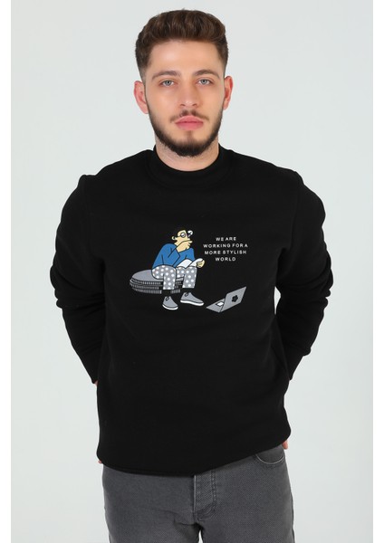 Siyah Erkek Bisiklet Yaka Baskılı Üç Iplik Şardonlu Sweatshirt P-00006404