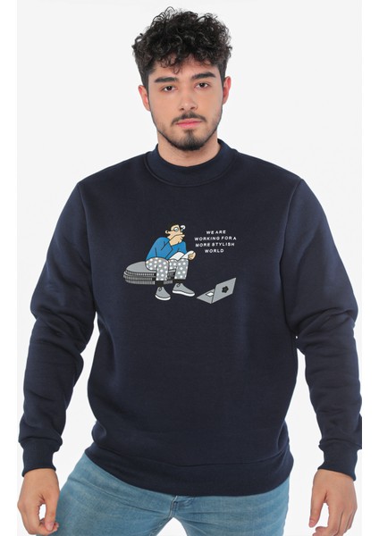 Lacivert Erkek Bisiklet Yaka Baskılı Üç Iplik Şardonlu Sweatshirt P-00006404