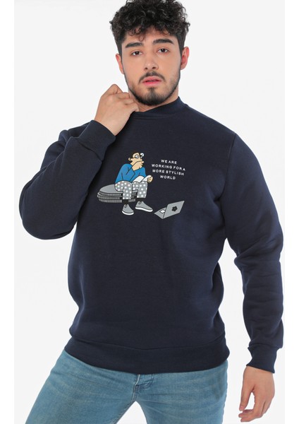 Lacivert Erkek Bisiklet Yaka Baskılı Üç Iplik Şardonlu Sweatshirt P-00006404