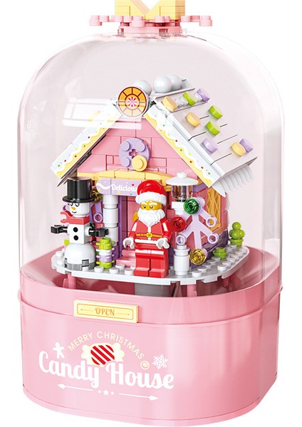 Noel Pembe Şeker Evi Yapı Taşları Otomatik Kar Müzik Kutusu Çocuk Eğitici Oyuncaklar (Yurt Dışından)