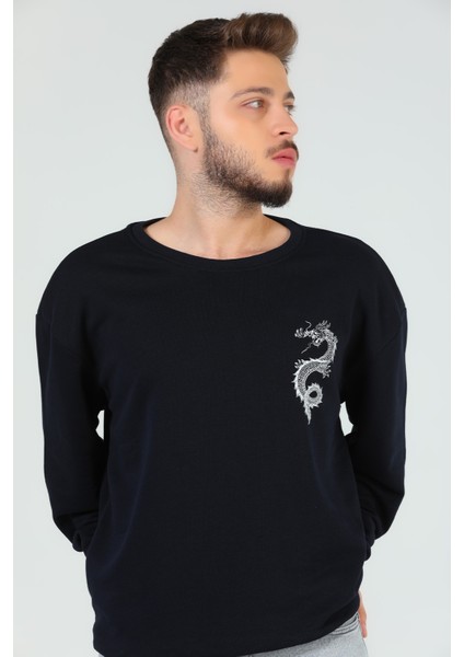 Lacivert Erkek Bisiklet Yaka Baskılı Sweatshirt P-00005334