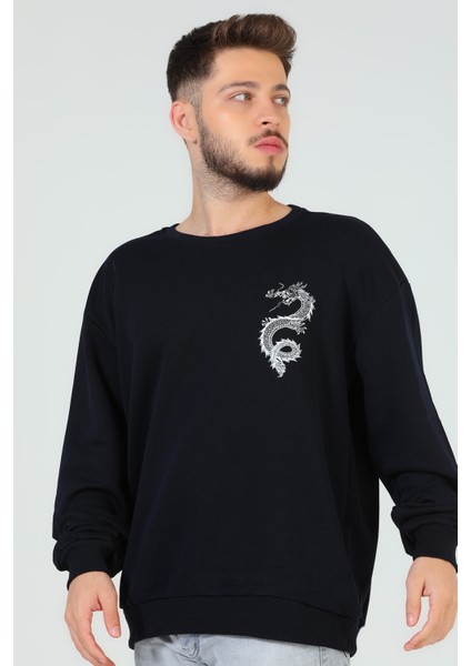 Lacivert Erkek Bisiklet Yaka Baskılı Sweatshirt P-00005334