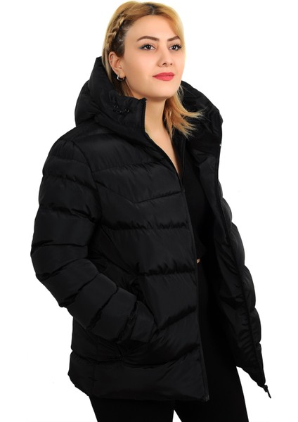Kadın Siyah Kapüşonlu Içi Polarlı Su Geçirmez Rüzgara Dayanıklı Şişme Mont