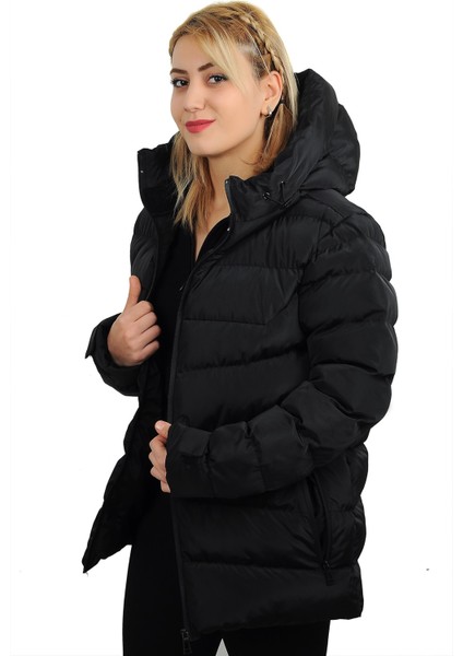 Kadın Siyah Kapüşonlu Içi Polarlı Su Geçirmez Rüzgara Dayanıklı Şişme Mont modelleri
