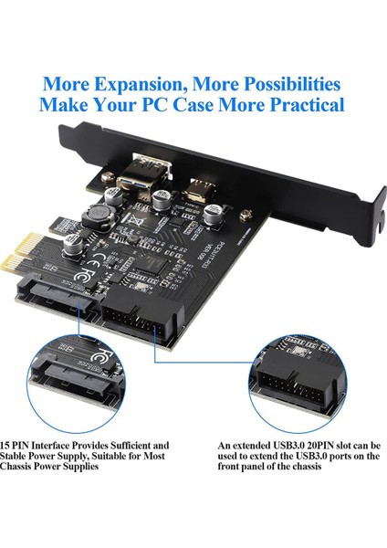 Pcı-E 1x - USB 3.2 Gen1 Usb3.2 Tip-C Ön Adaptör Kartı 2 Bağlantı Noktası (Tip C+ Tip A) Genişletme Kartı (Yurt Dışından)