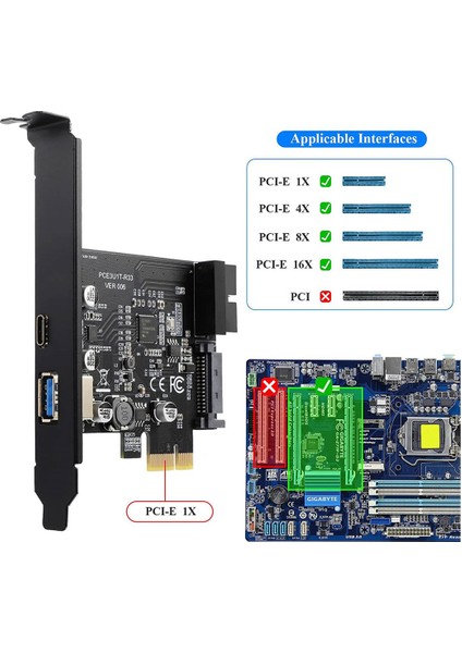 Pcı-E 1x - USB 3.2 Gen1 Usb3.2 Tip-C Ön Adaptör Kartı 2 Bağlantı Noktası (Tip C+ Tip A) Genişletme Kartı (Yurt Dışından)
