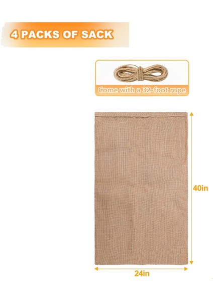 4 Adet Ağır Hizmet Çuval Bezi Çanta, 40X24 Inç Kalınlaşmak Patates Saklama Torbaları 32.8ft Halatlar, Yeniden Kullanılabilir Patates Çantaları (Yurt Dışından)