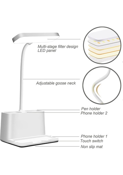 LED Masa Lambası Öğrenme Okuma Lambası Kalem Tutucu Cep Telefonu Tutucu Basın Anahtarı Kısılabilir LED Işık (2500 Mah) (Yurt Dışından) modelleri