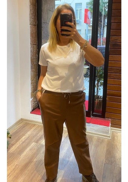 Suni Deri Beli Lastikli Cepli Pantolon